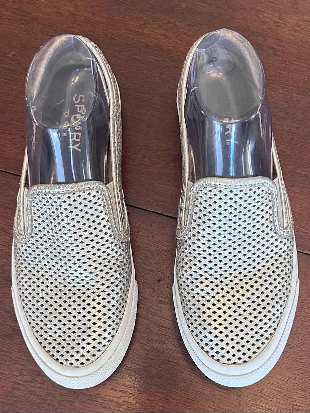 Sperry Slip-On Sneakers Gold Metallic Leather Perforated | Size 7.5 - Picture 3 of 9